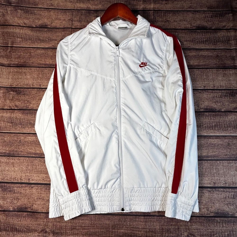 Nike Sportswear Women White Red Stripe Full Zip Retro Windbreaker Track Jacket M